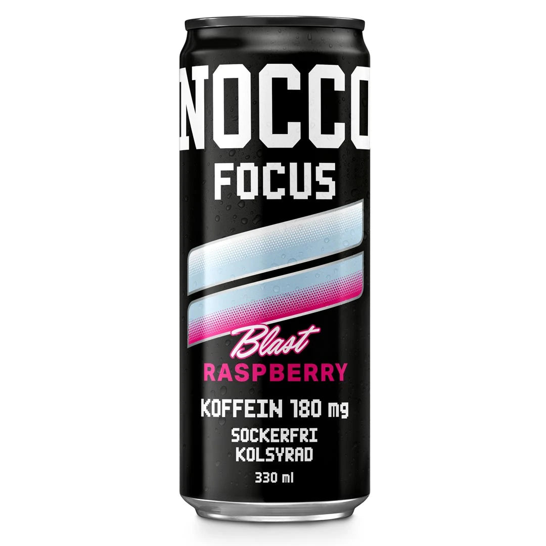 NOCCO FOCUS 330 ml energidryck i en svart burk med rosa och blå detaljer för smaken Raspberry Blast., bild 3 av 9