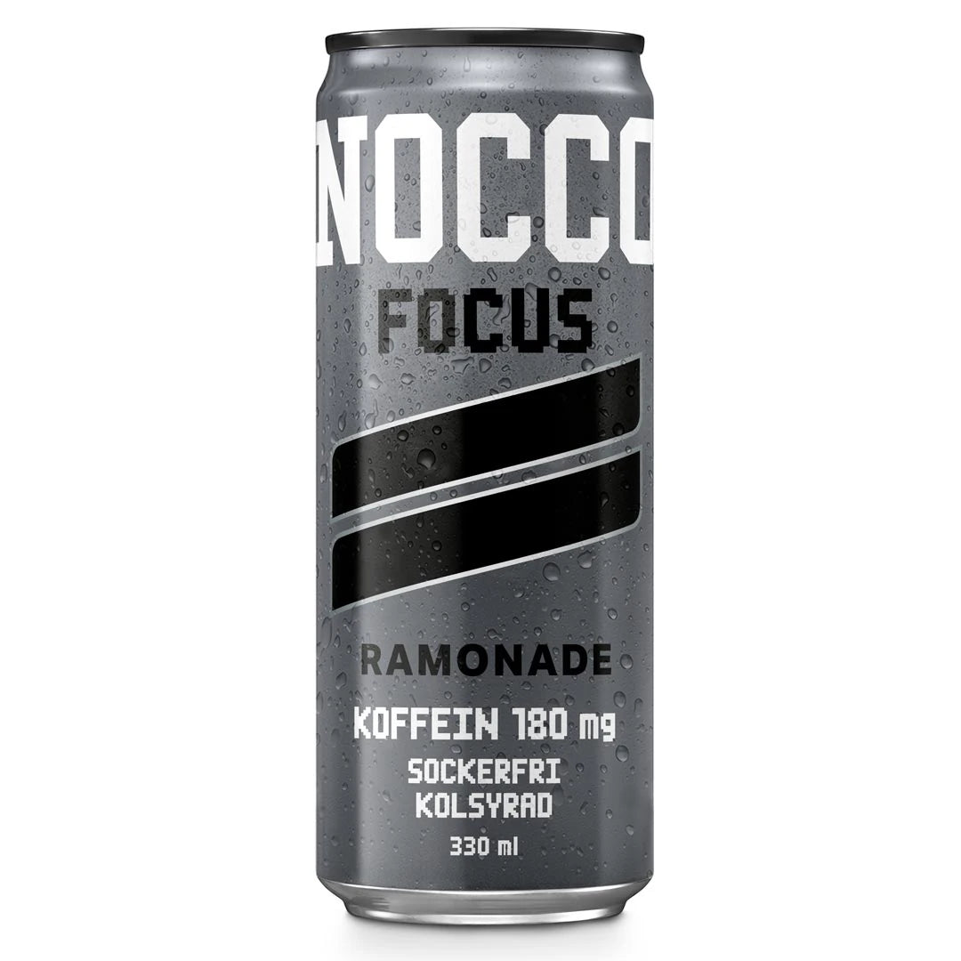 NOCCO FOCUS 330 ml energidryck i en grå aluminiumburk med svarta detaljer och smaken Ramonade., bild 4 av 9