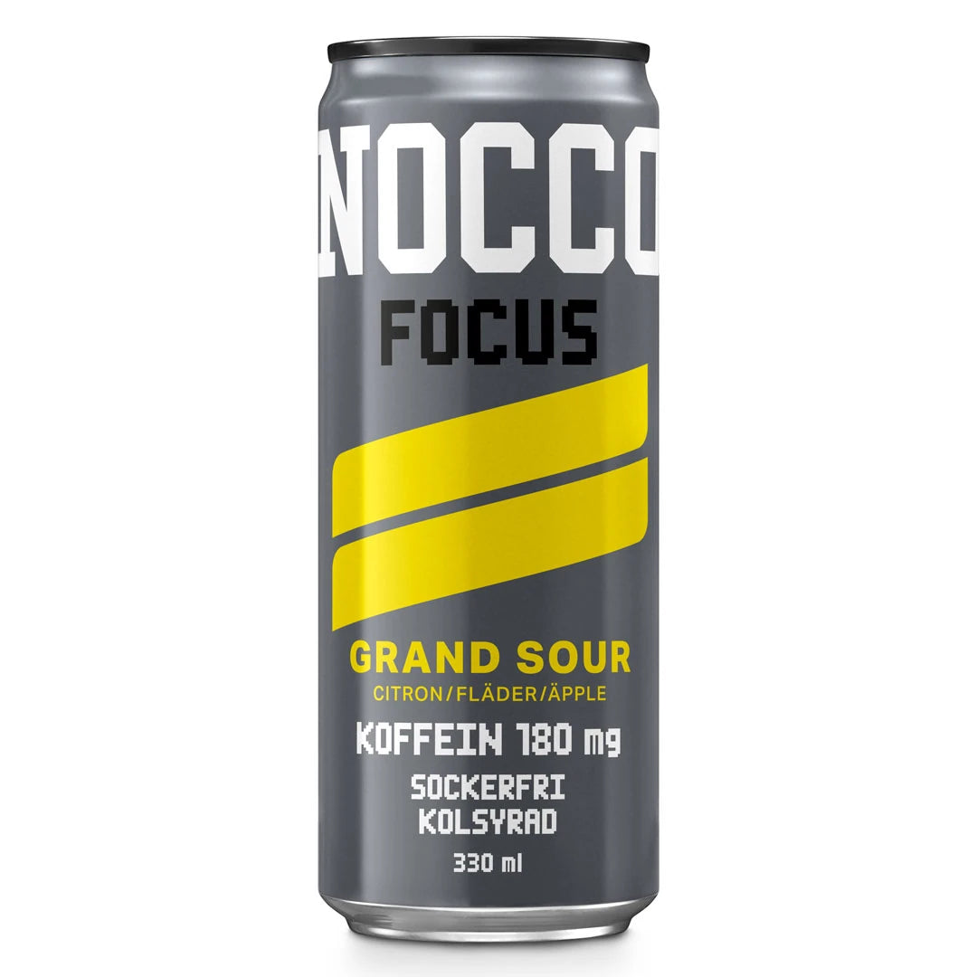 NOCCO FOCUS 330 ml energidryck i en grå burk med gula detaljer för smaken Grand Sour., bild 5 av 9