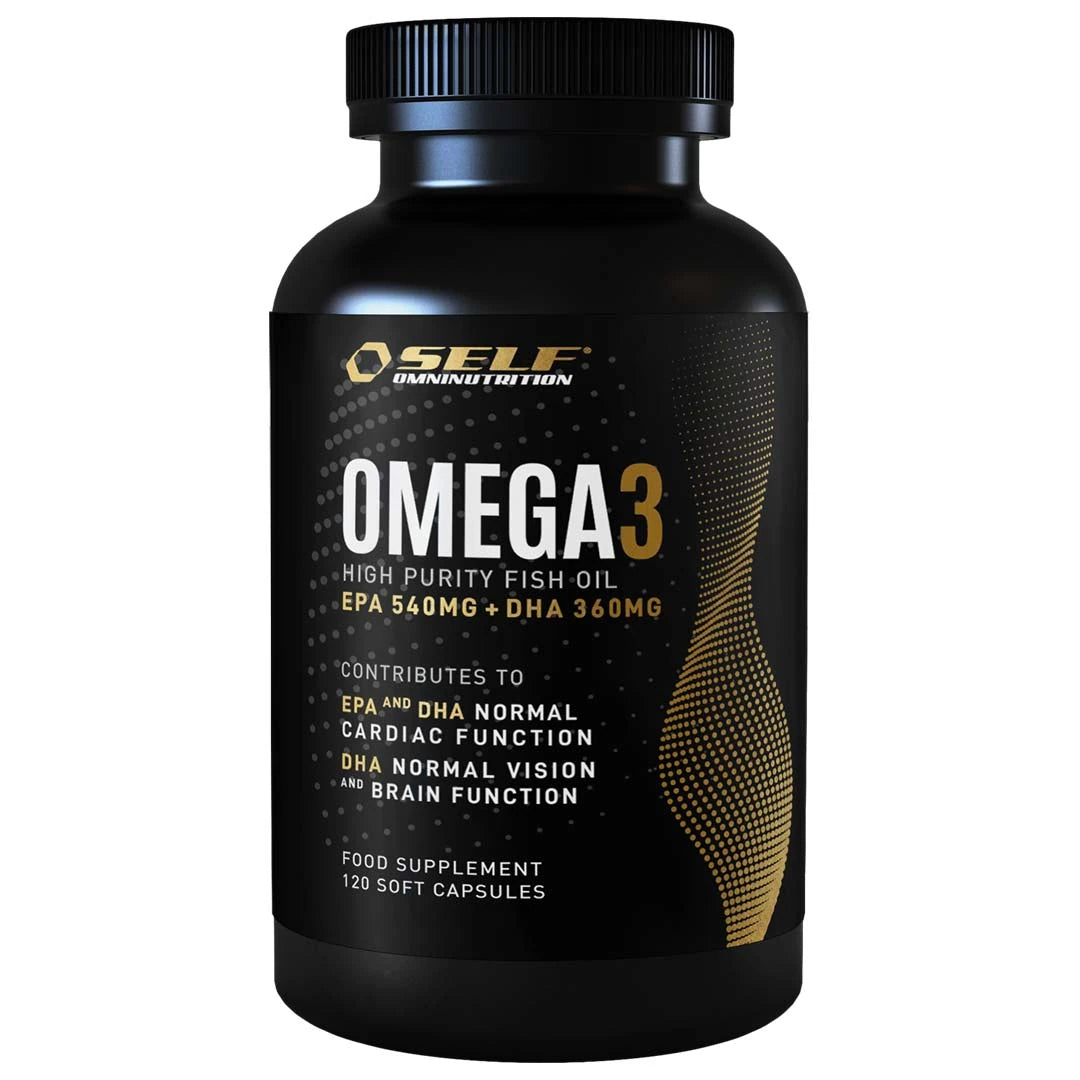 Self Omninutrition Omega-3 Fish Oil 120 caps i en svart burk med guldiga och vita detaljer., bild 1 av 1