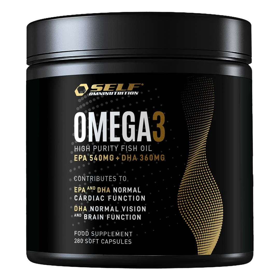 Self Omninutrition Omega-3 Fish Oil 280 caps i en svart burk med guldiga detaljer.