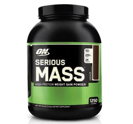 Optimum Nutrition Serious Mass 2.72 kg gainer i en stor svart burk med grön etikett och smaken Chocolate.