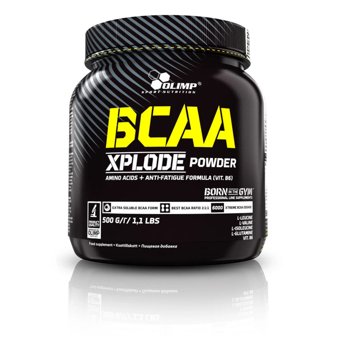 Olimp BCAA Xplode 500 g aminosyror i pulverform i en svart burk med gula detaljer., bild 1 av 3