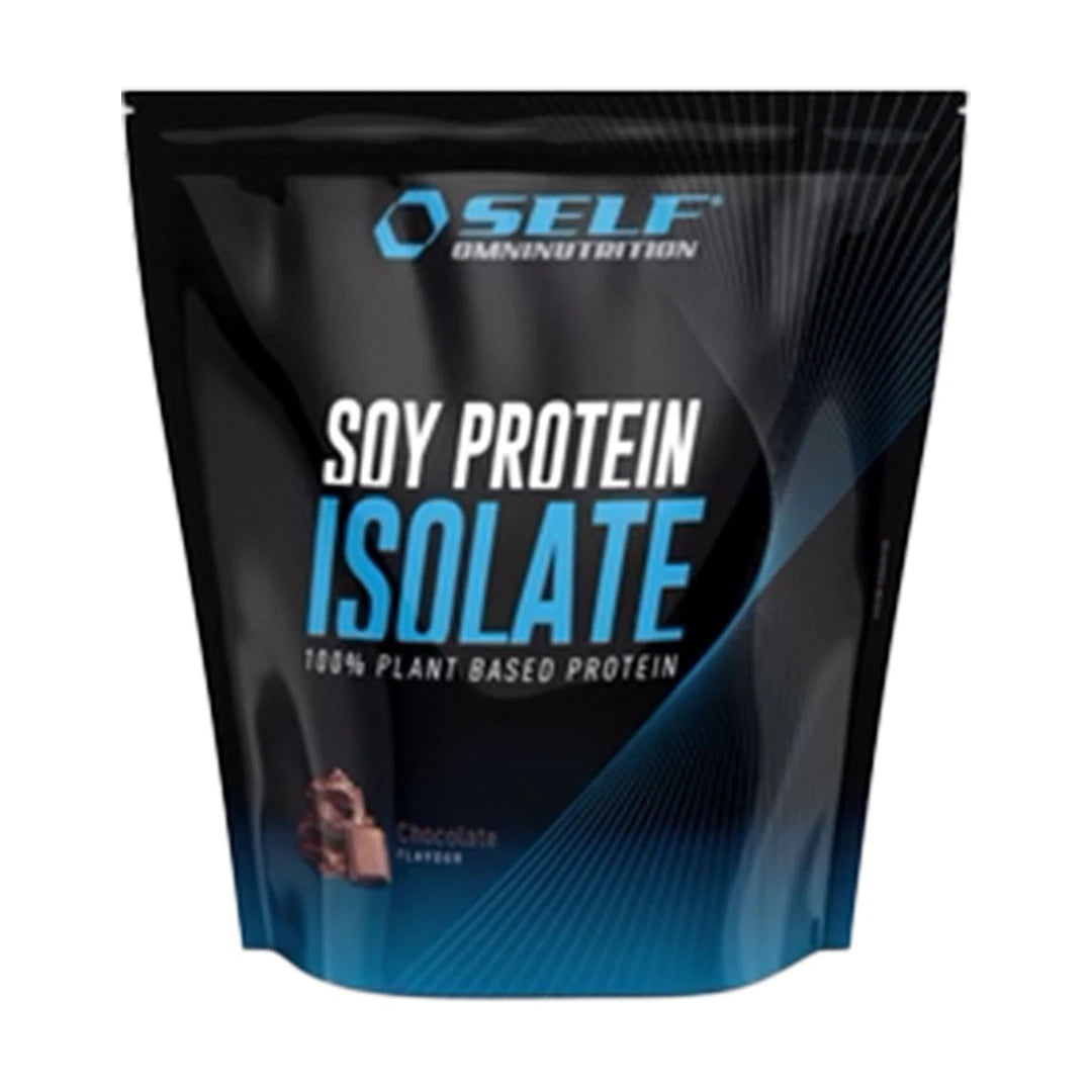 Self Omninutrition Soy Protein 1 kg proteinpulver i en svart påse med blå detaljer för smaken Chocolate., bild 1 av 2