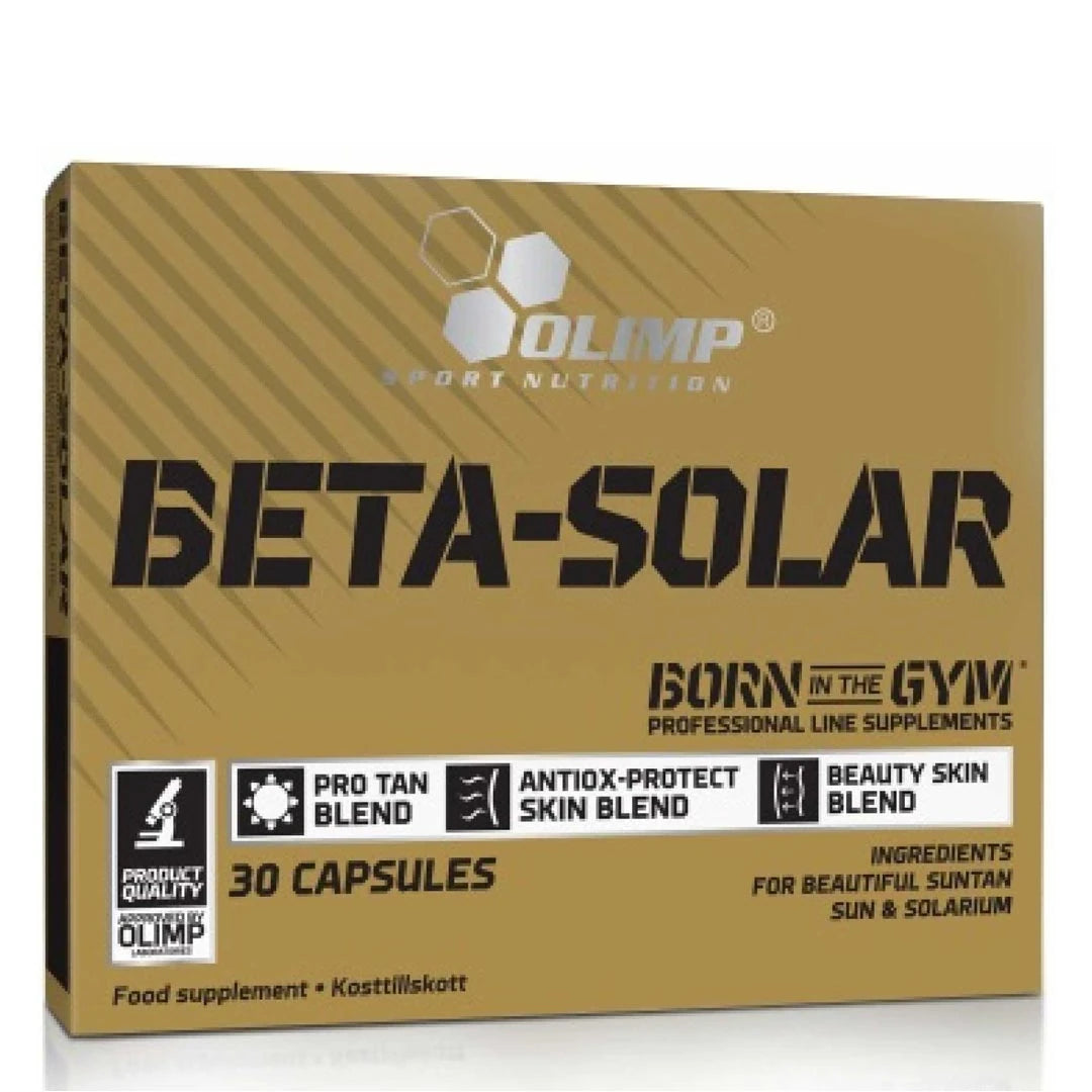 Olimp Beta Solar 30 caps kosttillskott, förpackat i en guldfärgad ask med svart text och vita detaljer., bild 1 av 1
