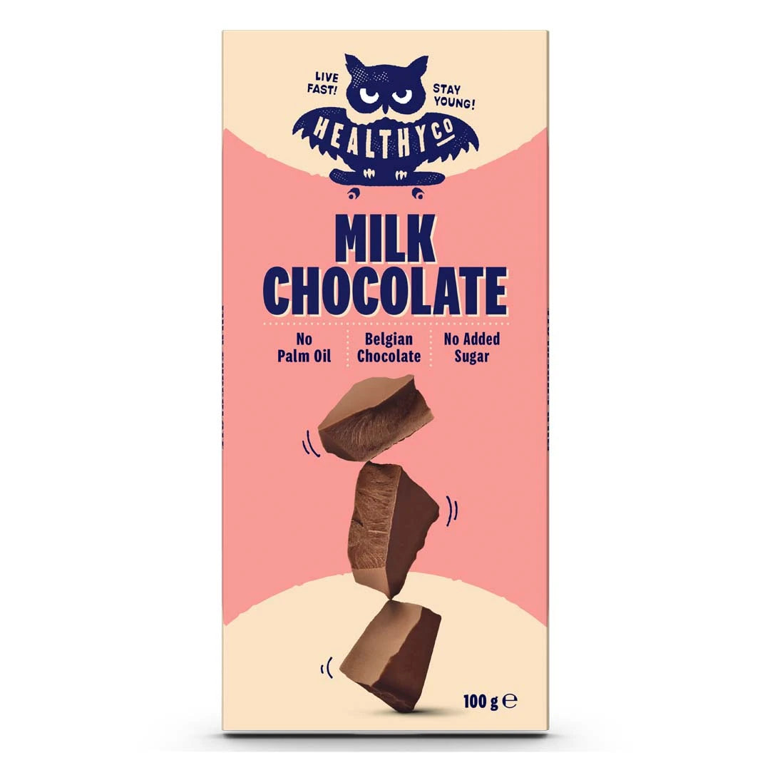 HealthyCo Chocolate 100 g mjölkchoklad i en beige och rosa förpackning med tre staplade chokladbitar på framsidan., bild 1 av 1