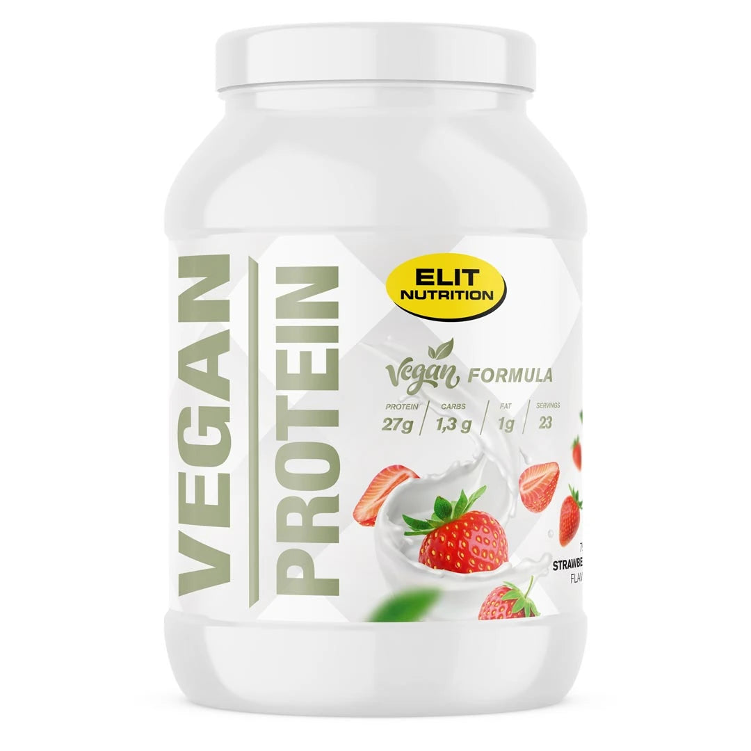Elit Nutrition Vegan Protein 750 g proteinpulver i en vit plastburk med illustrerade jordgubbar., bild 1 av 1