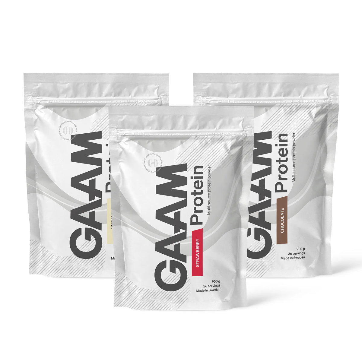 3 x GAAM Protein 900 g proteinpulver i tre vita påsar med smaker som Vanilla, Chocolate och Strawberry., bild 1 av 1