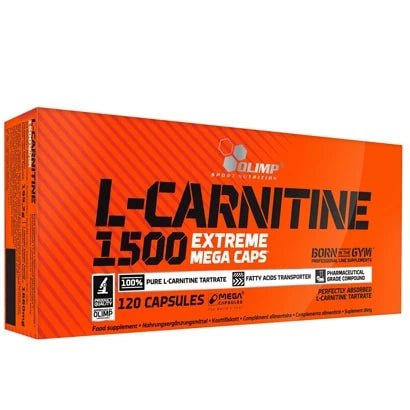 Olimp L-Carnitine 1500 Extreme Mega caps 120 caps i en orange kartong med svart text., bild 1 av 1