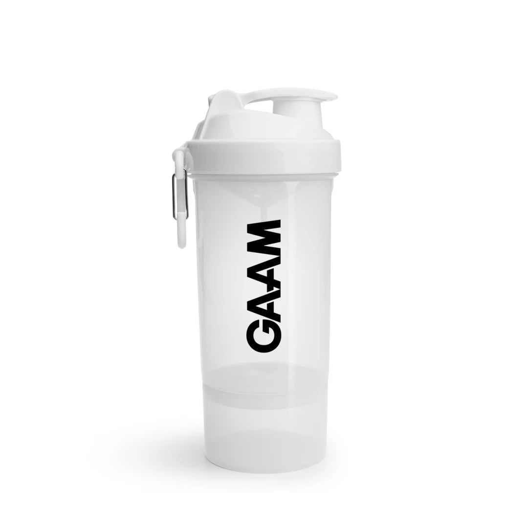 GAAM Smartshake 2Go 800 ml i vit, rymlig shaker i BPA-fri hårdplast med extra förvaringsfack och karbinhake., bild 1 av 1
