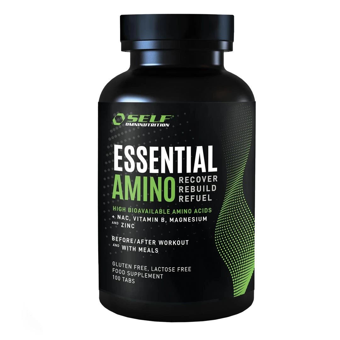 Self Omninutrition Essential Amino 100 tabs aminosyror i en svart burk med gröna och vita detaljer., bild 1 av 1