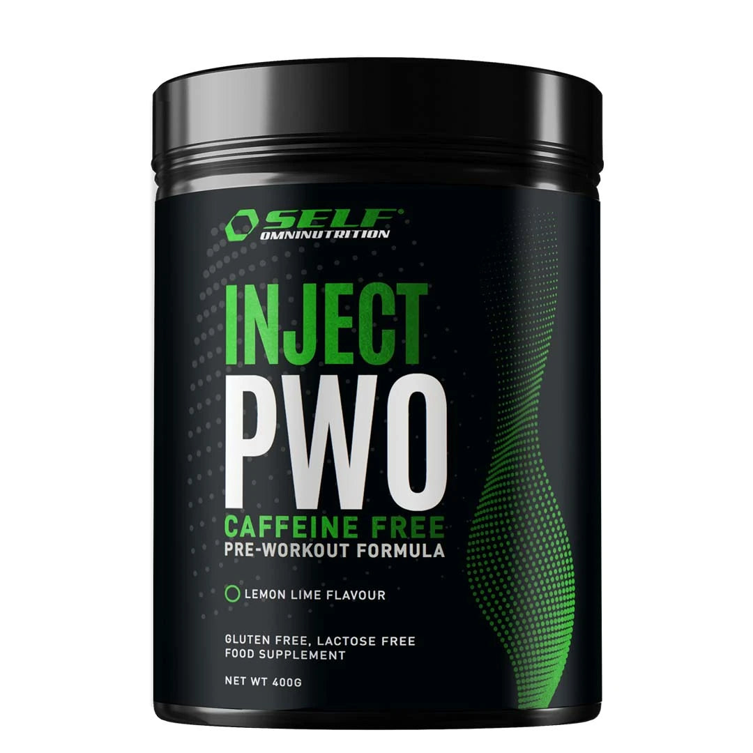 Svart burk med grön text innehållande Self Omninutrition Inject PWO Caffeine Free 400 g med smaken Lemon Lime., bild 1 av 1