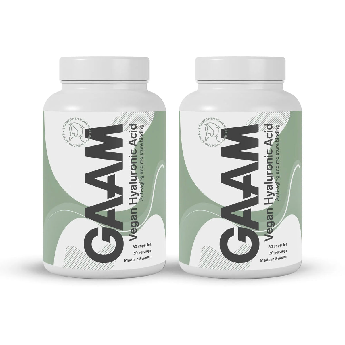 2 x GAAM Vegan Hyaluronic acid &amp; vitamin C 60 caps i två vita burkar med gröna och gråa detaljer., bild 1 av 1