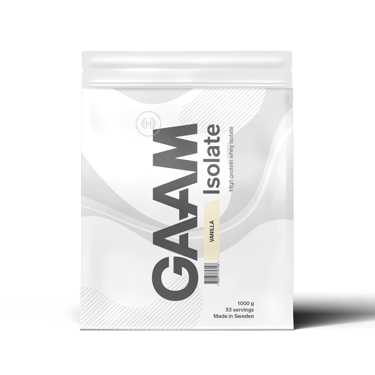 GAAM Isolate 1 kg proteinpulver i en vit påse för smaken Vanilla., bild 2 av 3