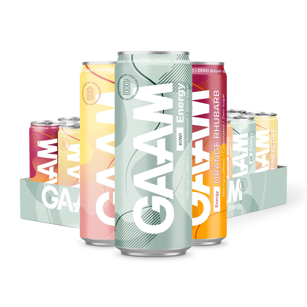 24 x GAAM Energy 330 ml Mixflak i en ljusgrön kartong fylld med färgglada burkar i olika smaker., bild 1 av 1