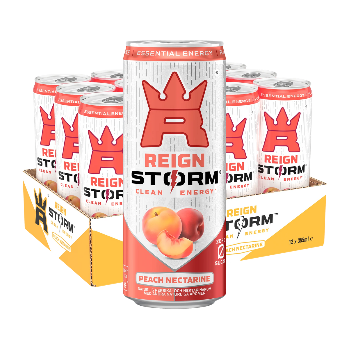 12 x Reign Storm Energy 355 ml Peach Nectarine i en vit och gul förpackning med tolv matchande energidrycksburkar.