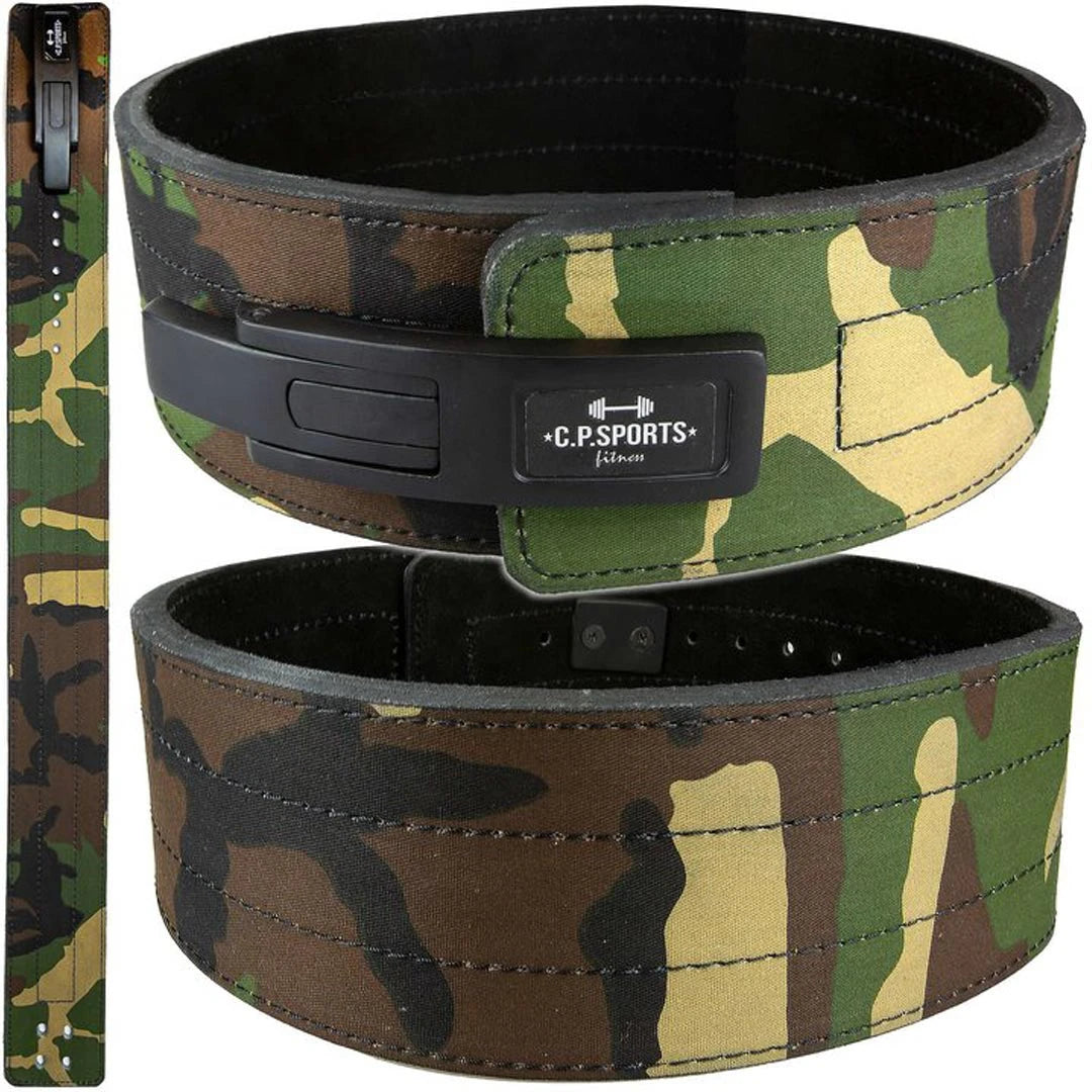 C.P. Sports Powerlifting Lever Belt Camo i läder med kamouflagemönster och robust svart snabbspänne för tunga lyft., bild 5 av 5