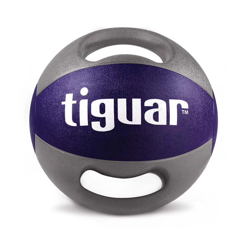 Tiguar Medicinboll Med Handtag 10 kg i mörklila och grått med mönstrad textur och två greppvänliga handtag., bild 1 av 1