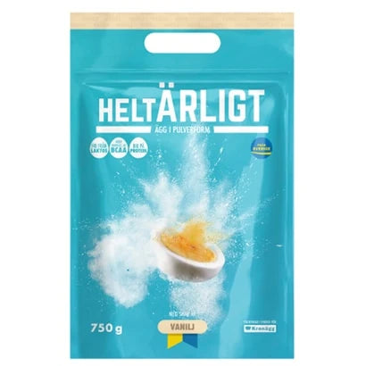 HeltÄrligt Äggpulver 750 g i en turkos påse med smak av vanilj.