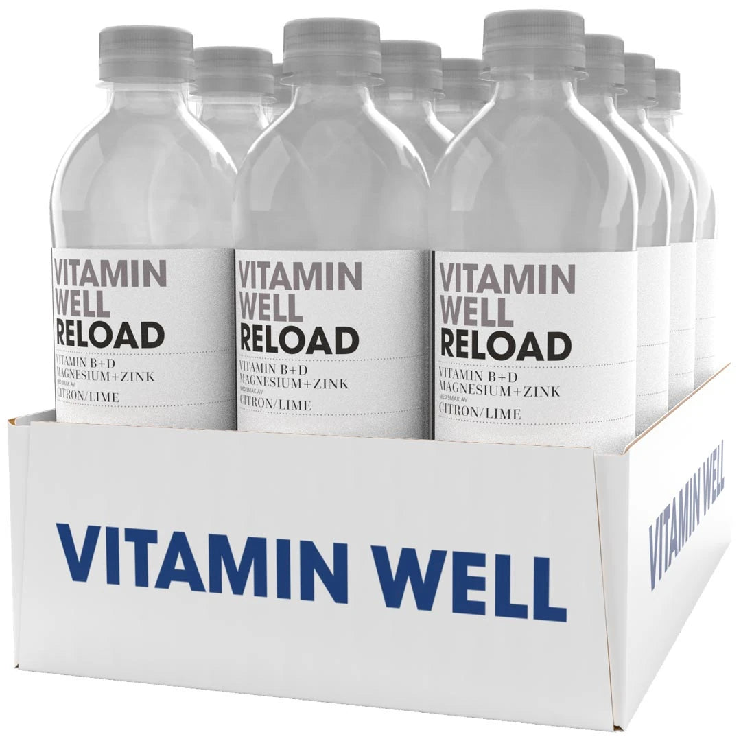 12 x Vitamin Well 500 ml Reload Citron Lime i ett vitt flak med transparenta plastflaskor., bild 1 av 1