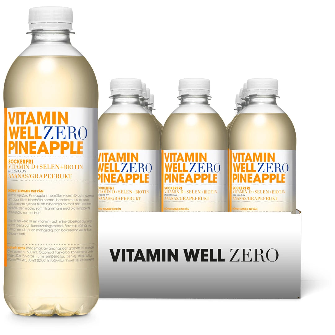 12 x Vitamin Well Zero 500 ml Pineapple i ett vitt flak med genomskinliga flaskor och vita etiketter med orange text., bild 1 av 1