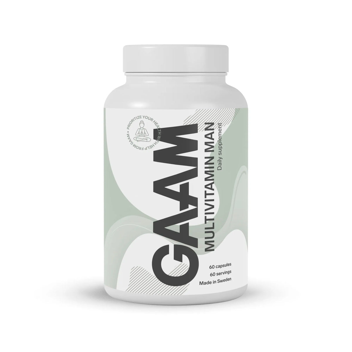 GAAM Multivitamin Man 60 caps i en vit burk med grågröna detaljer, ett kosttillskott framtaget för män., bild 1 av 1