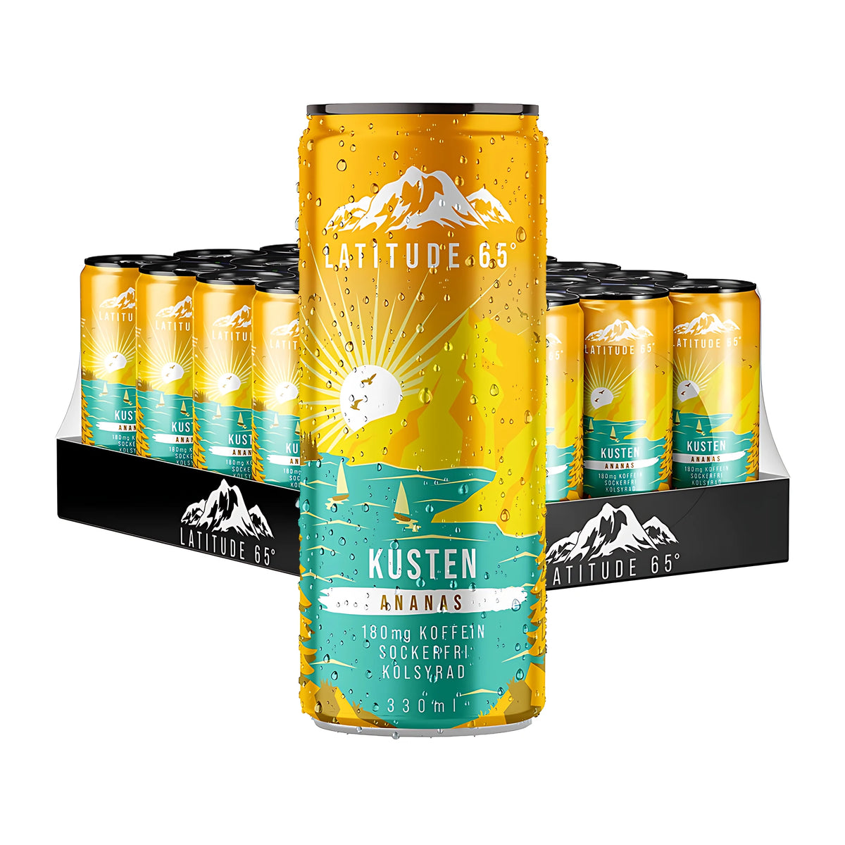 24 x Latitude 65 330 ml Kusten - Ananas energidryck i ett 24-pack med gula och turkosa burkar., bild 1 av 1