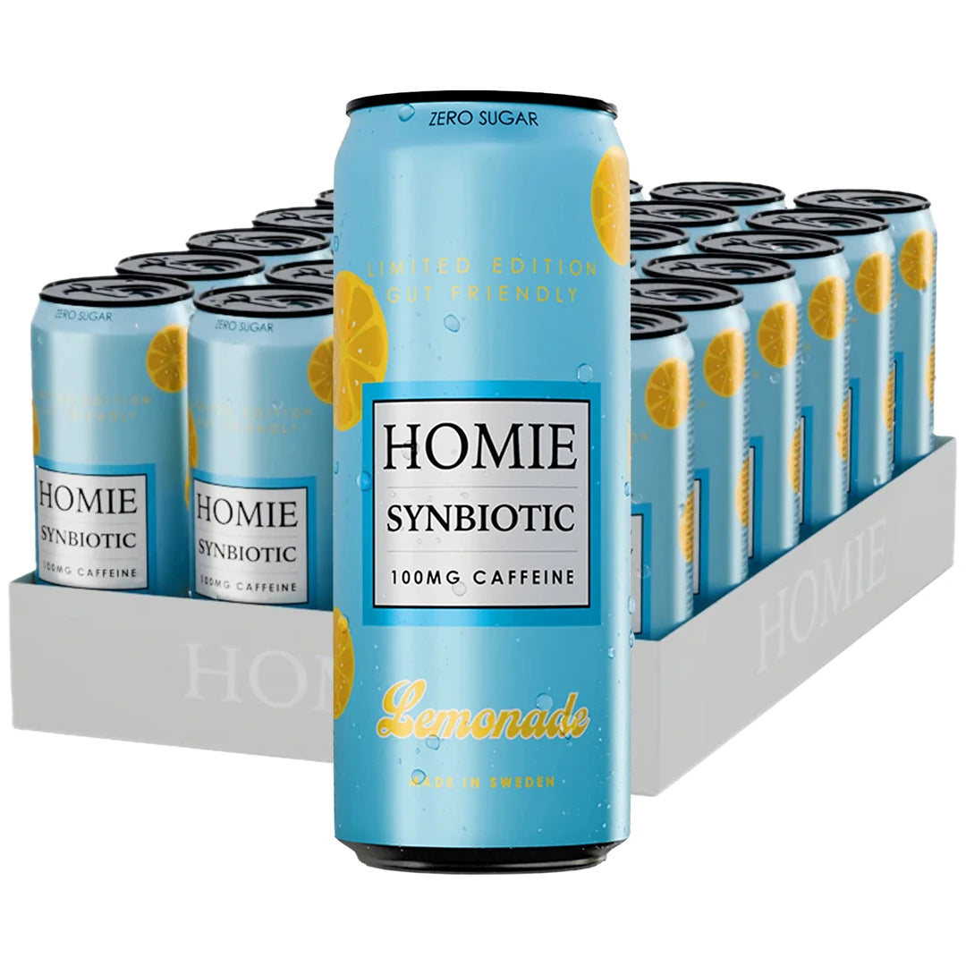 24 x Homie Wake Up Synbiotic 330 ml Lemonade i ett vitt flak med ljusblå burkar och gula citronskivor., bild 1 av 1