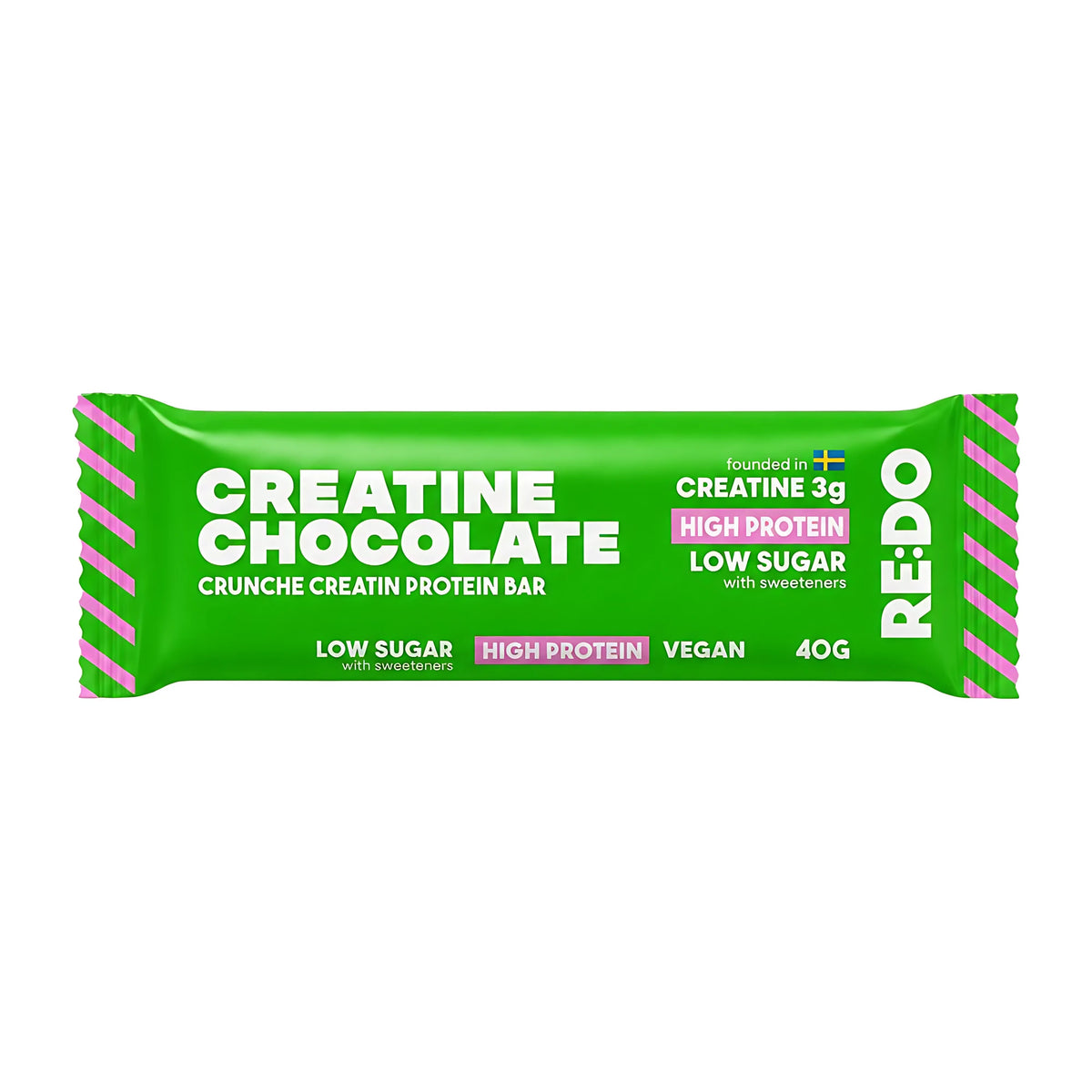 REDO Creatine Bar 40 g vegansk proteinbar i grön förpackning med rosa detaljer för smaken Chocolate Caramel., bild 3 av 3