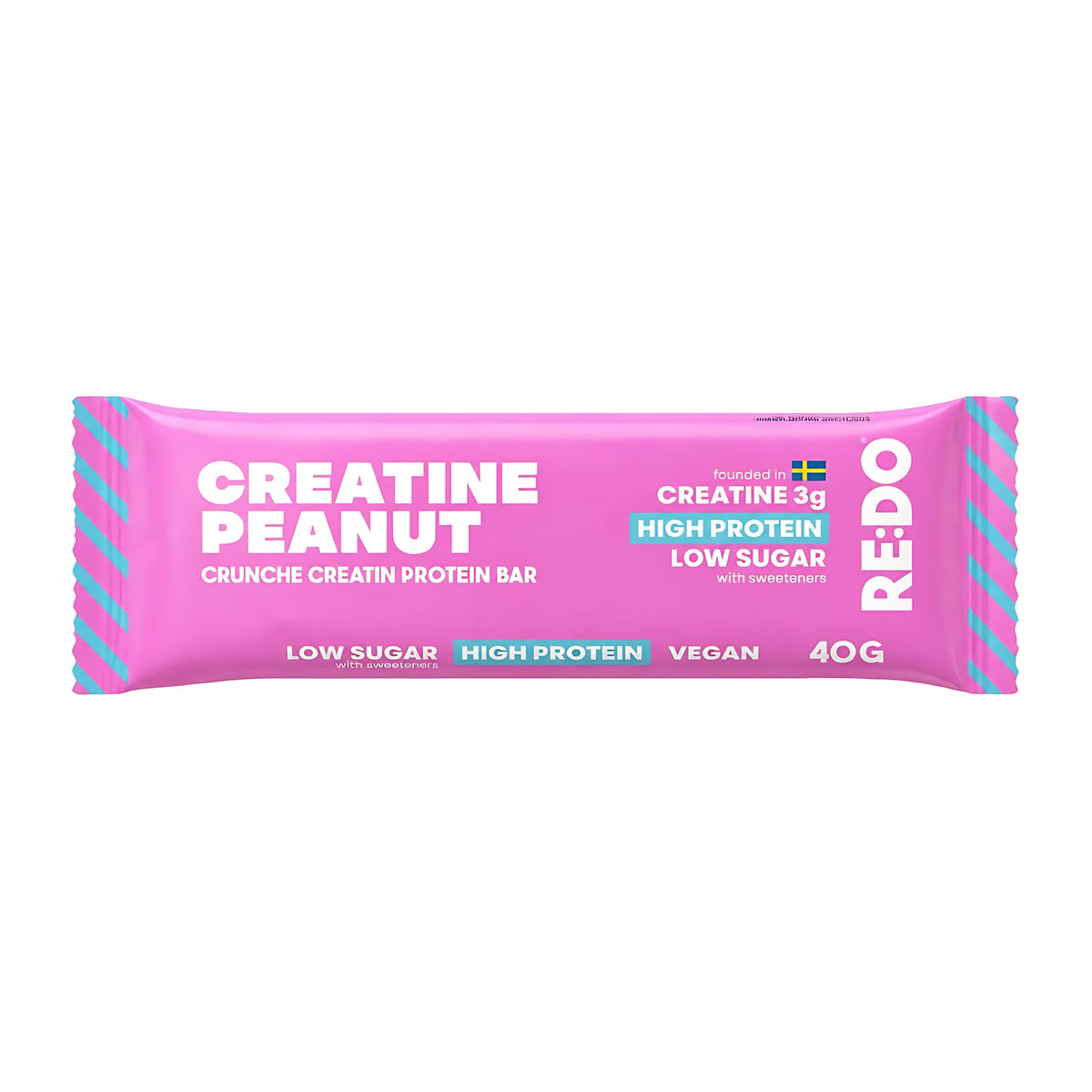 REDO Creatine Bar 40 g vegansk proteinbar i en rosa förpackning med smak av Peanut Caramel., bild 2 av 3