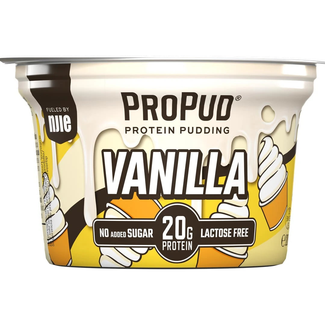 NJIE ProPud 200 g proteinpudding i en gul och vit bägare med bruna detaljer för smaken Vanilla., bild 1 av 4