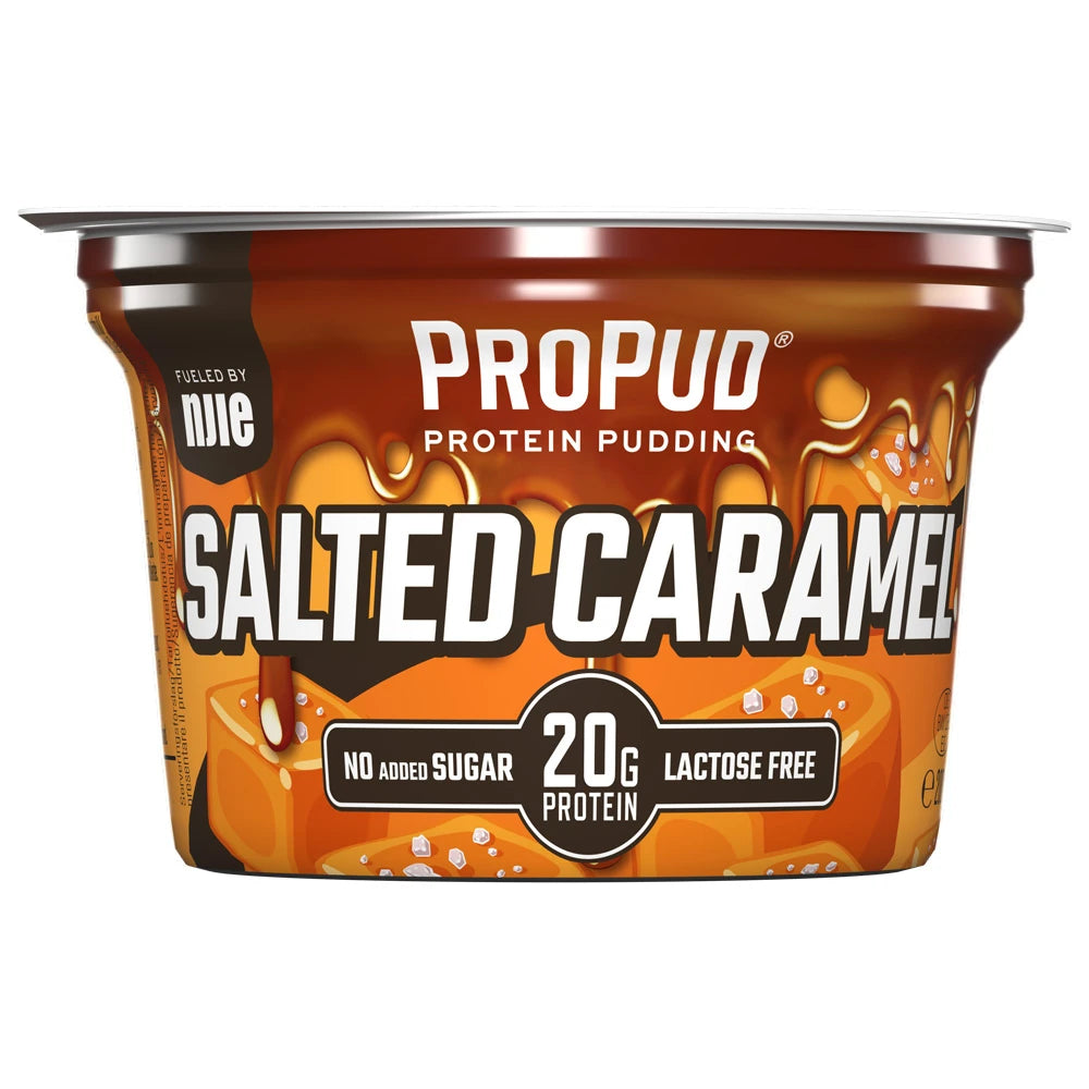 NJIE ProPud 200 g proteinpudding i en brun och orange bägare för smaken Salted Caramel., bild 2 av 4