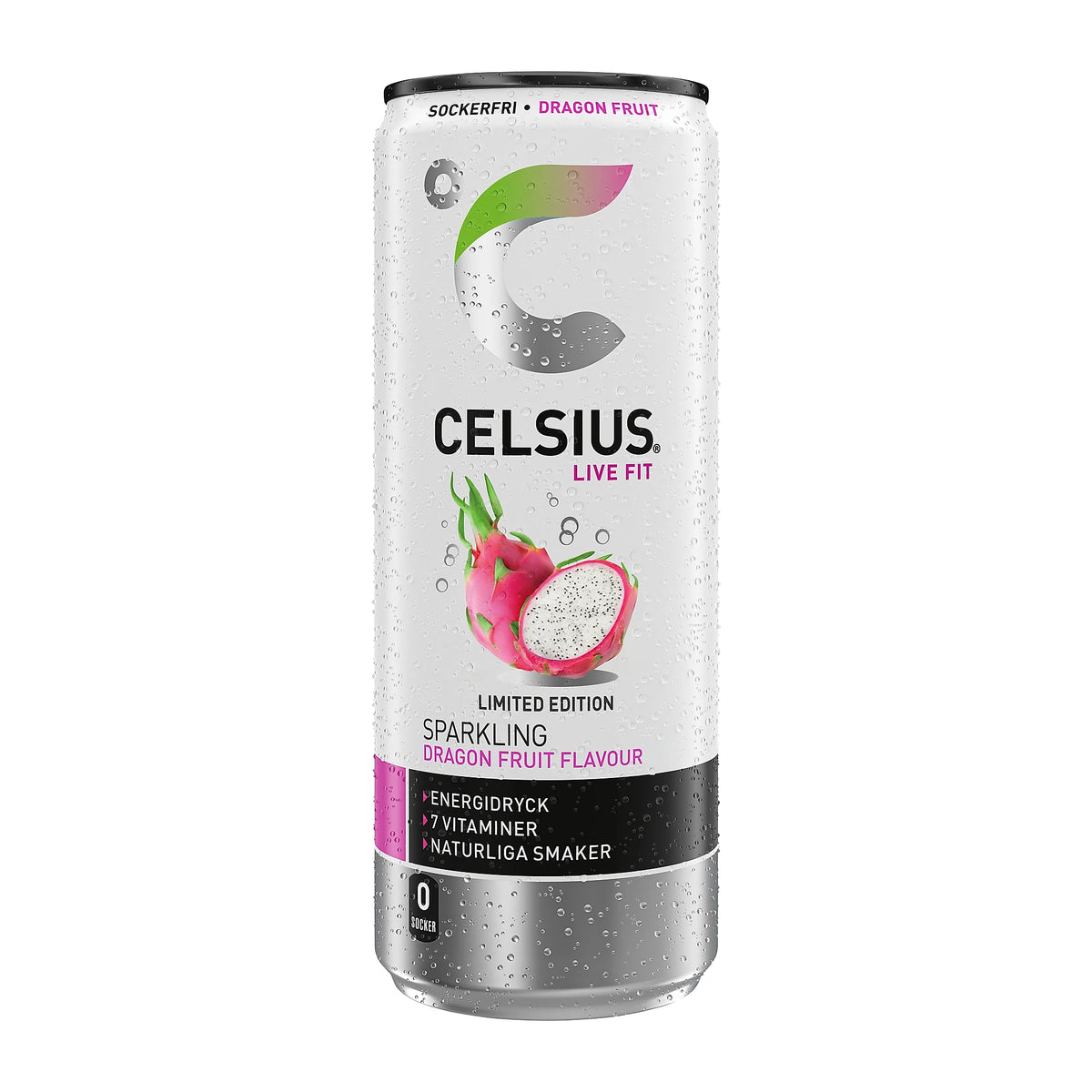 Celsius 250 ml sockerfri kolsyrad dryck i en vit och silverfärgad burk med smak av Dragon Fruit., bild 2 av 3
