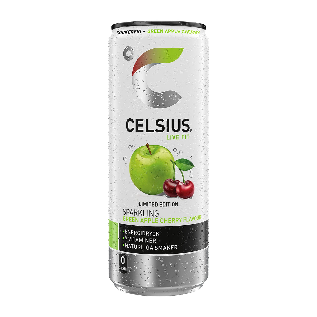 Celsius 250 ml sockerfri kolsyrad energidryck i en vit och silverfärgad burk med motiv av äpple och körsbär för smaken Green Apple Cherry.