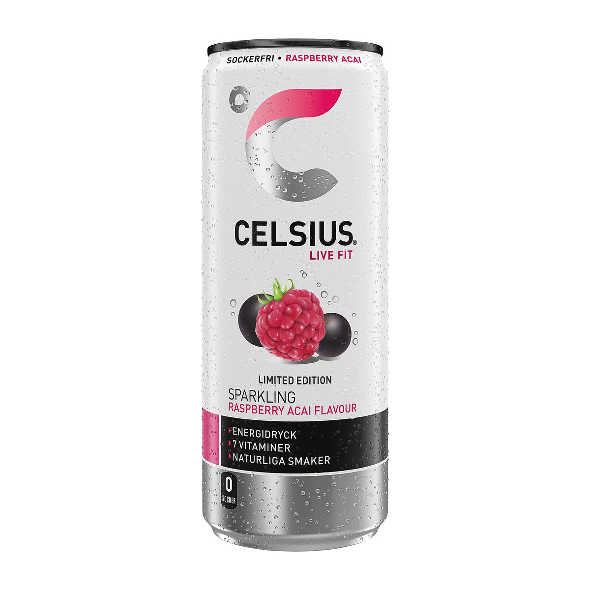 Celsius 250 ml kolsyrad energidryck i en vit och silverfärgad burk med smak av Raspberry Acai., bild 3 av 3