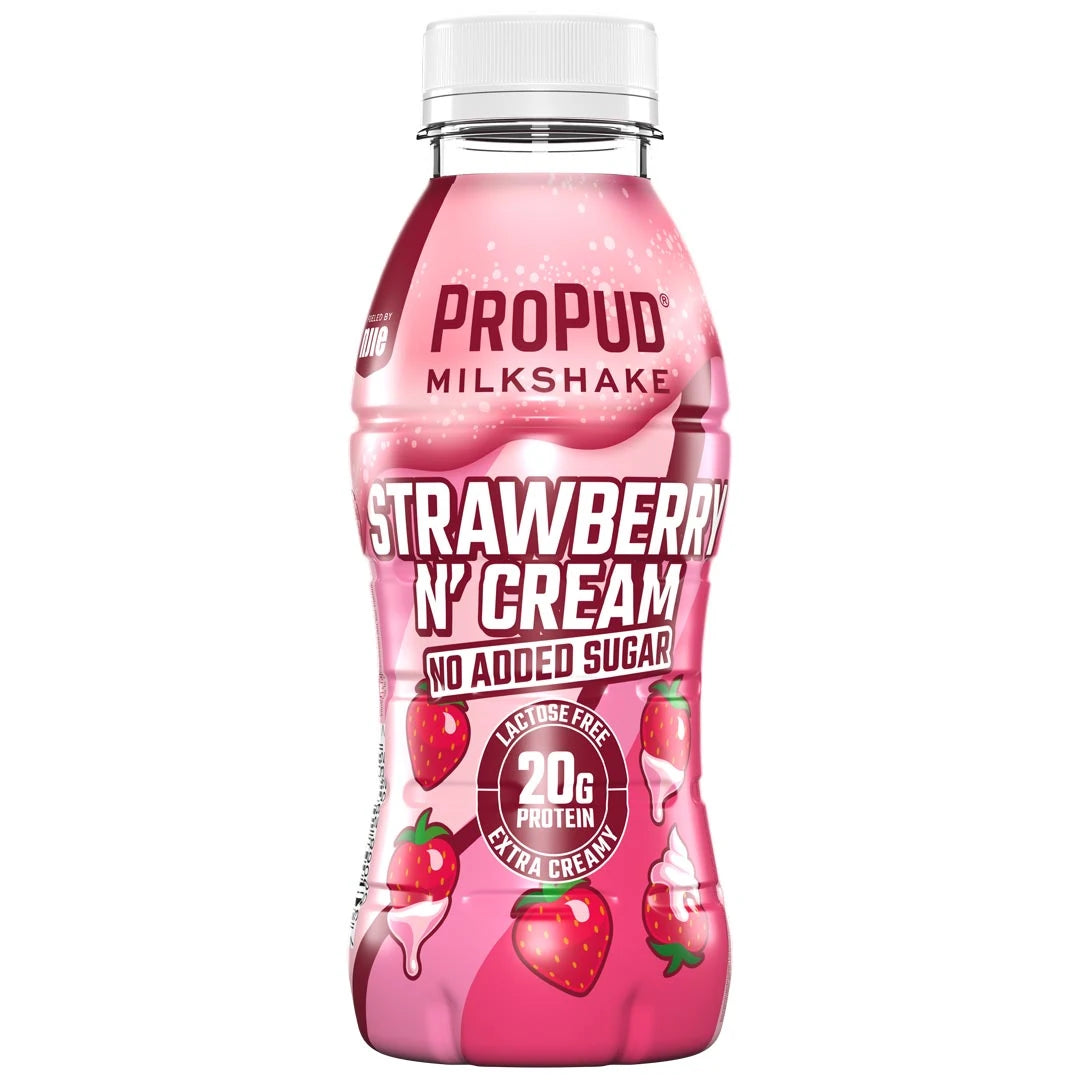 NJIE ProPud Protein Milkshake 330 ml i en rosa flaska med vitt lock för smaken Strawberry Cream., bild 2 av 11