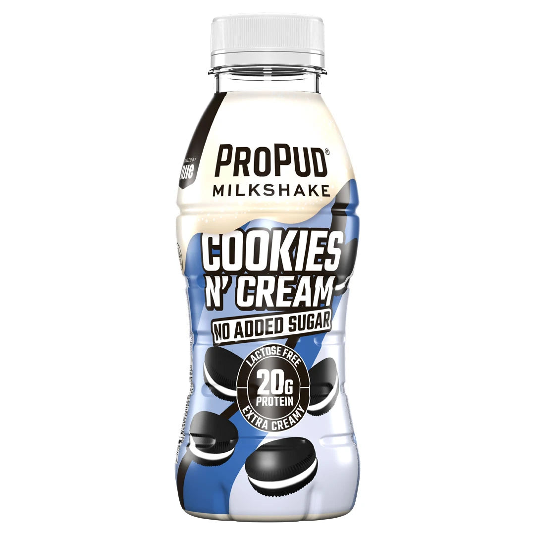 NJIE ProPud Protein Milkshake 330 ml i en vit och ljusblå flaska med kakmotiv för smaken Cookies N' Cream., bild 3 av 11