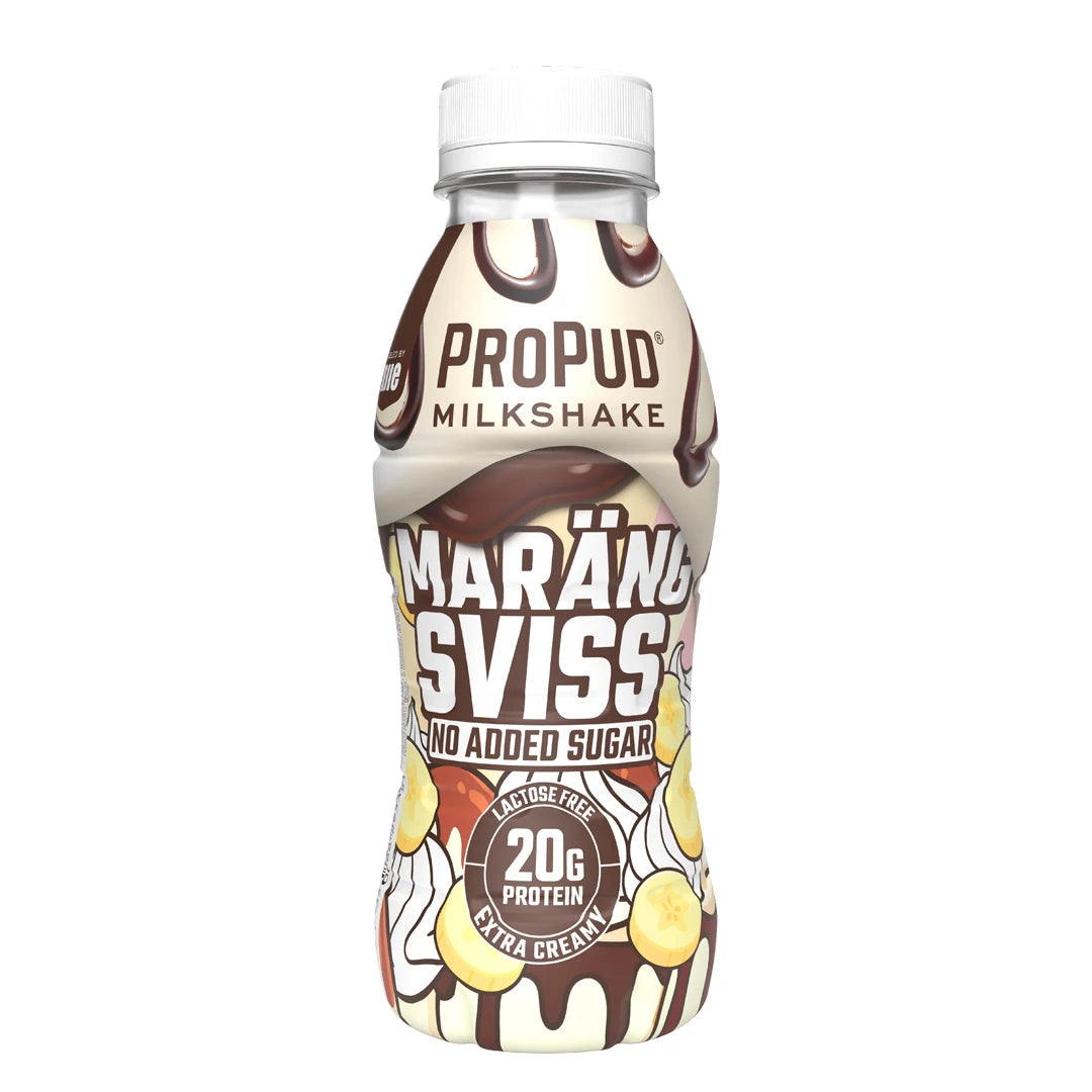 NJIE ProPud Protein Milkshake 330 ml i en flaska med choklad- och bananmönster för smaken Marängsviss., bild 6 av 11
