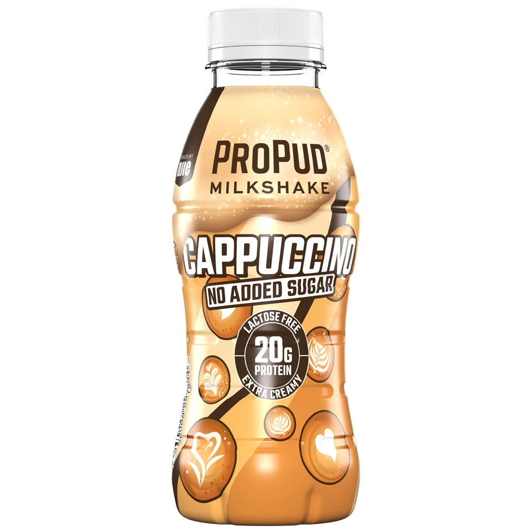 NJIE ProPud Protein Milkshake 330 ml i en beige flaska med kaffedetaljer och vit kork för smaken Cappuccino., bild 7 av 11