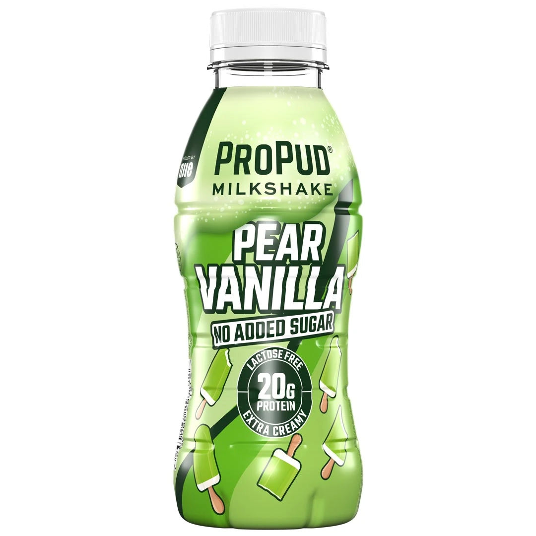 NJIE ProPud Protein Milkshake 330 ml i en grön flaska med vit kork för smaken Pear Vanilla., bild 9 av 11