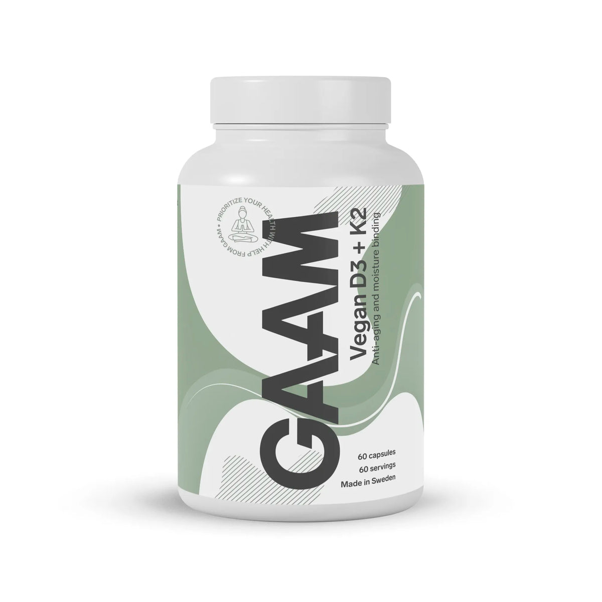 GAAM Vegan D3 + K2 60 caps vitaminkapslar i en vit burk med en ljusgrön och vit etikett.