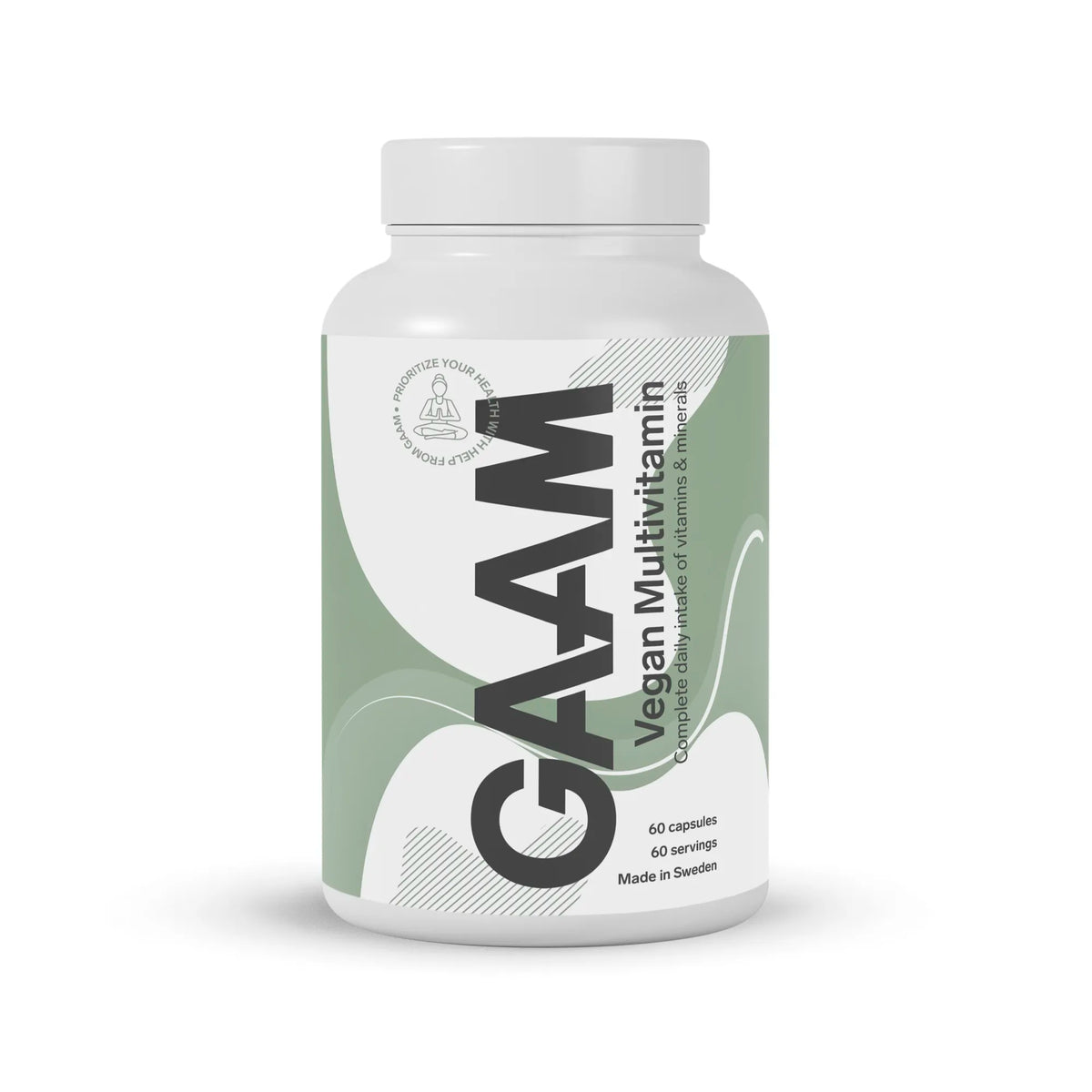 GAAM Vegan Multivitamin 60 caps kosttillskott i en vit plastburk med ljusgrön och vit etikett.