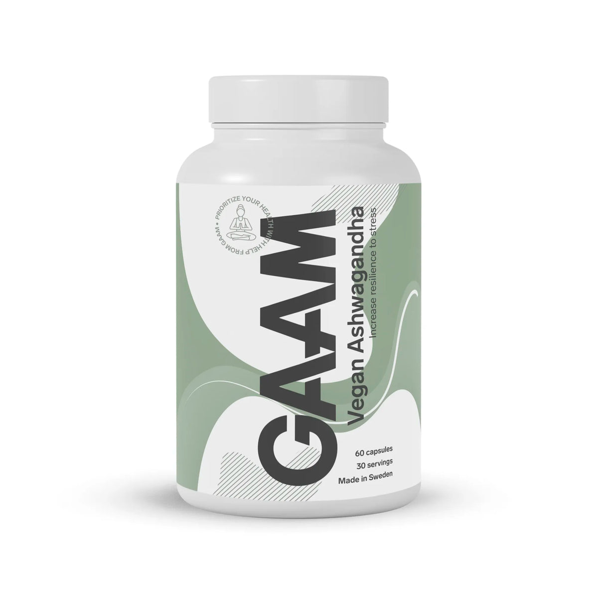 GAAM Vegan Ashwagandha 60 caps kosttillskott i en vit burk med ljusgröna grafiska detaljer., bild 1 av 1