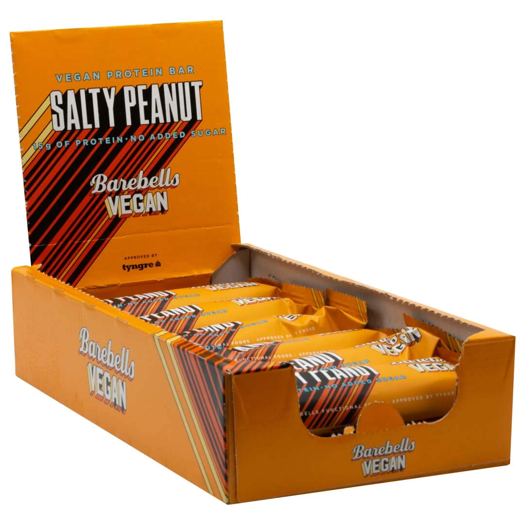 12 x Barebells Vegan Protein Bar 55 g Mixlåda i en öppen orange låda för smaken Salty Peanut., bild 1 av 1