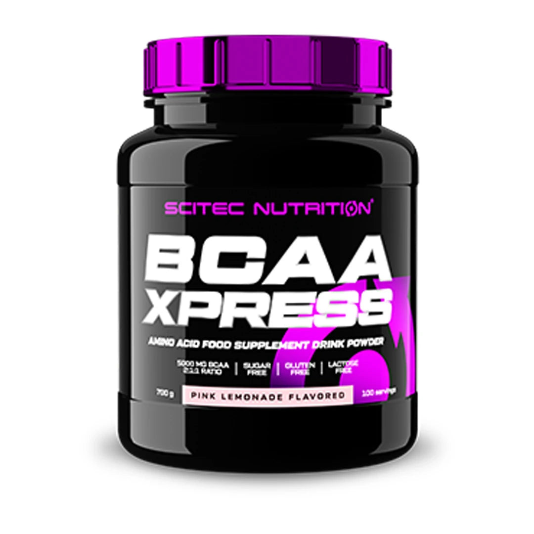 Scitec Nutrition BCAA Xpress 700 g aminosyror i pulverform, förpackad i en svart burk med rosa detaljer för smaken Pink Lemonade., bild 3 av 3