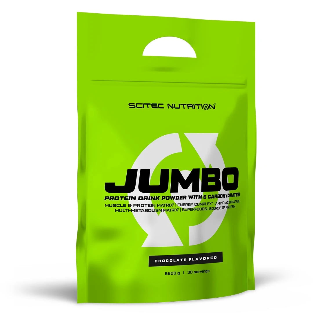 Scitec Nutrition Jumbo 6,6 kg gainer i en ljusgrön påse med svarta detaljer för smaken choklad., bild 1 av 3