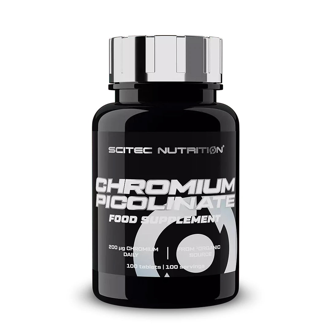 Scitec Nutrition Chromium Picolinate 100 tabs kosttillskott i en svart plastburk med silvrigt lock., bild 1 av 1