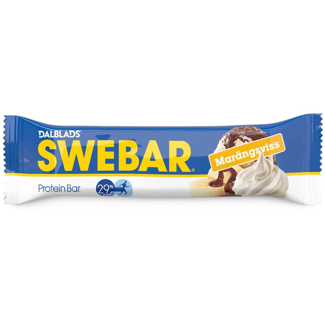 Dalblads Swebar 55 g proteinbar i en blå och vit förpackning för smaken Marängsviss., bild 3 av 6