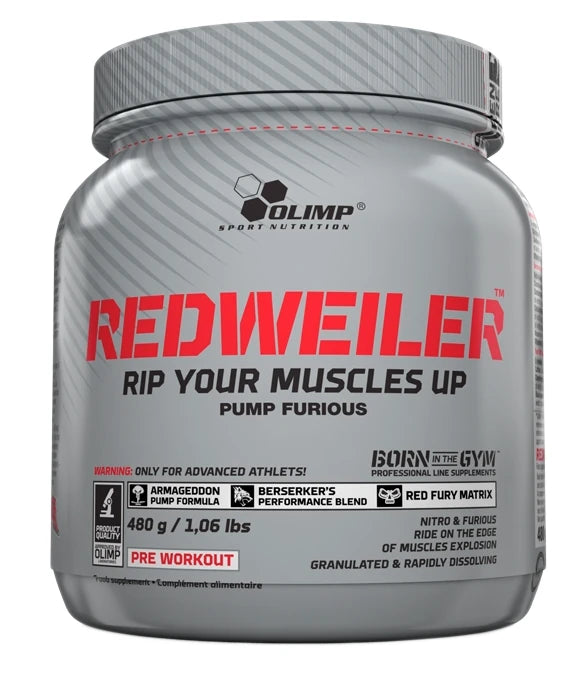 Olimp Redweiler 480 g pre-workout pulver i en grå burk med röd text och svarta detaljer., bild 2 av 2