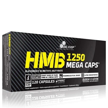 Olimp HMB Mega caps 120 caps kosttillskott i en svart kartong med gula och vita textdetaljer., bild 1 av 1
